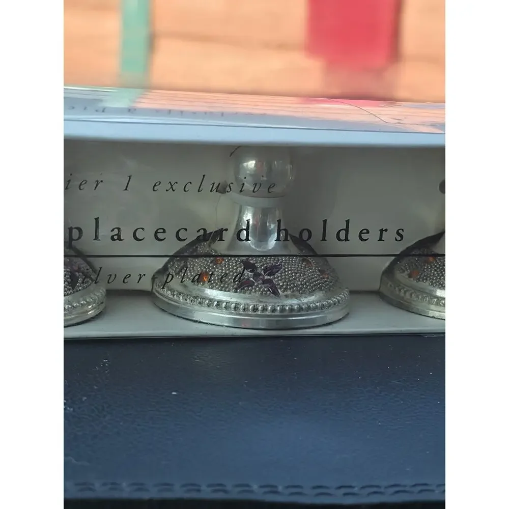 4 Pier One Jeweled Placecard holders. Silver plated Jeweled